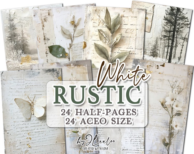 RUSTIC WHITE half pages printable |Botanical junk journal Mixed Media supplies | Distressed dirty paper card making collage diary | pp706