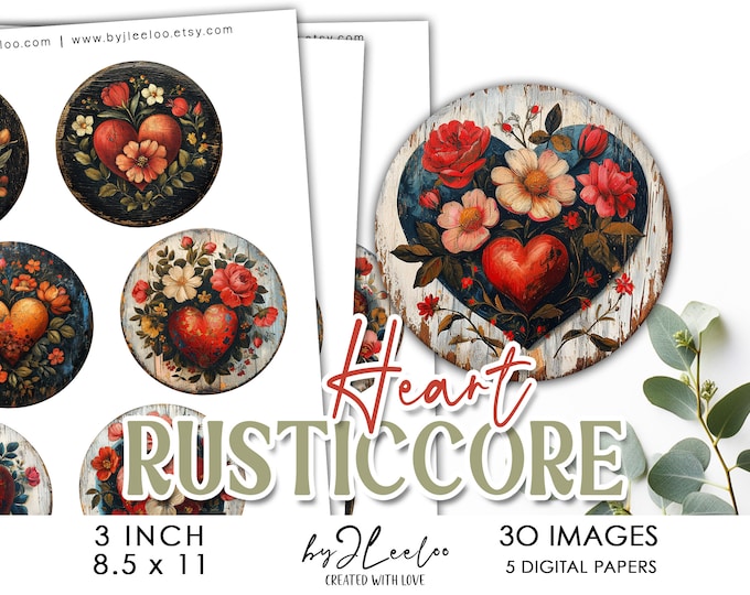 RUSTICCORE HEART 3 inch printable | Lovers gift Valentine supplies love round pendant mirror sticker magnet Oil painting vintage | tn756