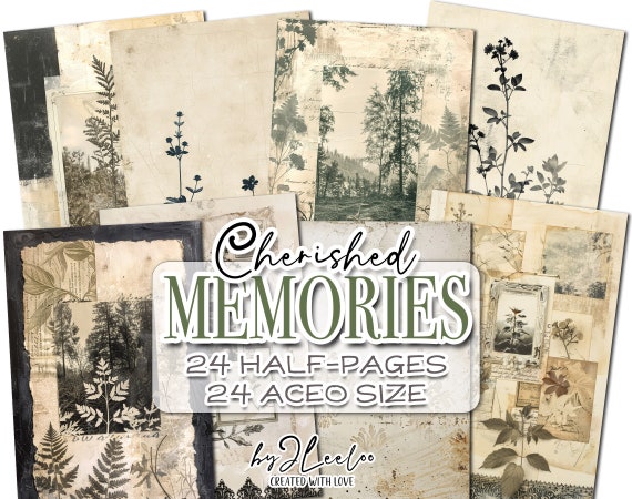CHERISHED MEMORIES BROWN half pages printable | Aceo Atc green Botanical junk journal garden | Vintage paper collage digital diary | pp807