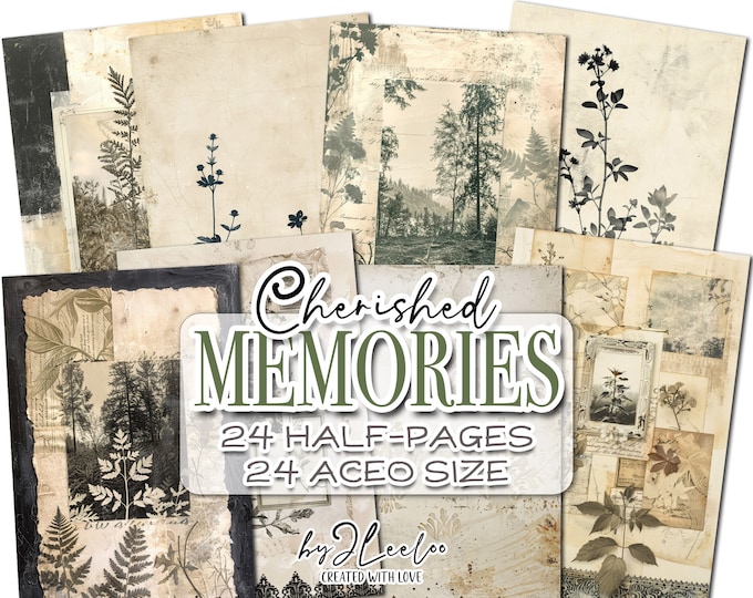 CHERISHED MEMORIES BROWN half pages printable | Aceo Atc green Botanical junk journal garden | Vintage paper collage digital diary | pp807