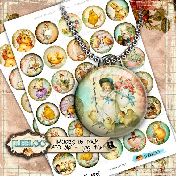 Digital collage HAPPY EASTER 1.5 inch circle for resin pendant eggs rabbit chick clipart magnet instant download printable tn396