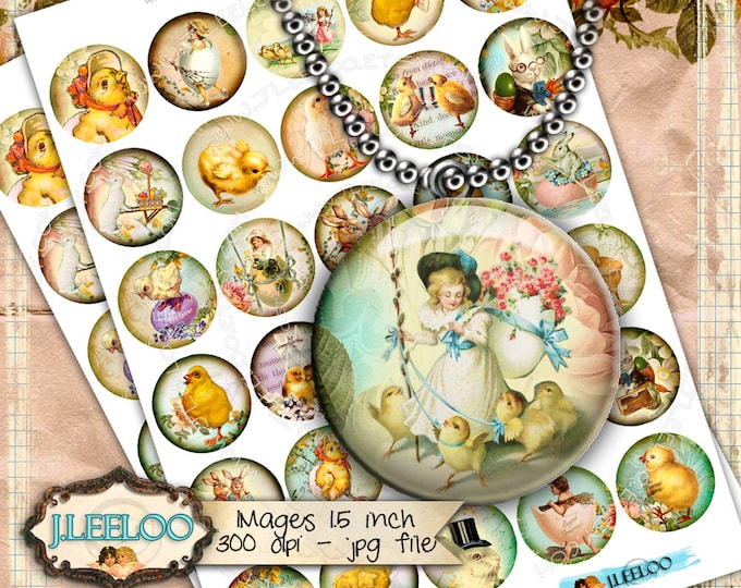 Digital collage HAPPY EASTER 1.5 inch circle for resin pendant eggs rabbit chick clipart magnet instant download printable tn396