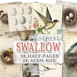 Dziennik śmieciowy SWALLOW WHISPERS do druku | pół strony Materiały do techniki mieszanej | Ptaki rysowane ręcznie, vintage, tworzenie kartek, kolaż, sztuka, dziennik | str. 731