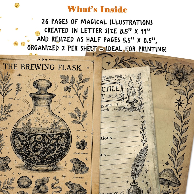 May include: A stack of vintage-style pages with illustrations and text. The top page reads "What's Inside" and lists "26 PAGES OF MAGICAL ILLUSTRATIONS." The pages feature drawings of a potion bottle, plants, and a candle. The pages are 8.5" x 11" and 5.5" x 8.5".