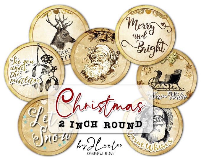 CHRISTMAS  circle 2 inch round Santa Deer holidays cupcake topper for pendant magnet and craft instant download printable download tn573