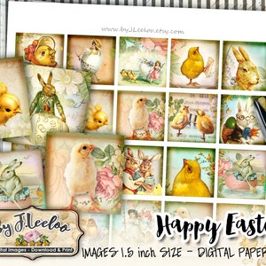 Collage numérique Joyeuses Pâques 1,5 x 1,5 pouces carré - pour aimant de clipart poussin lapin pendentif en résine - Imprimable par téléchargement - qu412