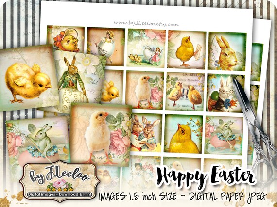 Digital collage HAPPY EASTER 1.5x1.5 inch square - for resin pendant eggs rabbit chick clipart magnet - instant download printable - qu412