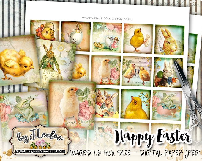 Digital collage HAPPY EASTER 1.5x1.5 inch square - for resin pendant eggs rabbit chick clipart magnet - instant download printable - qu412