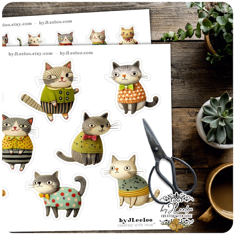 Op de afbeelding: Een vel met ge&iuml;llustreerde kattenstickers, elk met unieke outfits en poses. De katten zijn afgebeeld in verschillende kleuren, waaronder groen, geel en oranje. De stickers staan op een wit vel met de tekst "by JLeeLoo" en "created with love".
