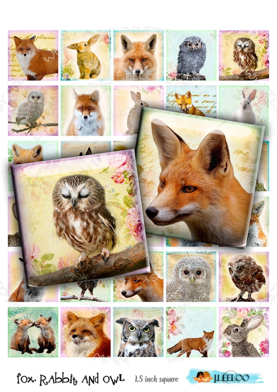 Digital printable FOX RABBIT and OWL 1.5 inch sheet digital paper goods jewelry pendant magnet paper craft instant download qu405