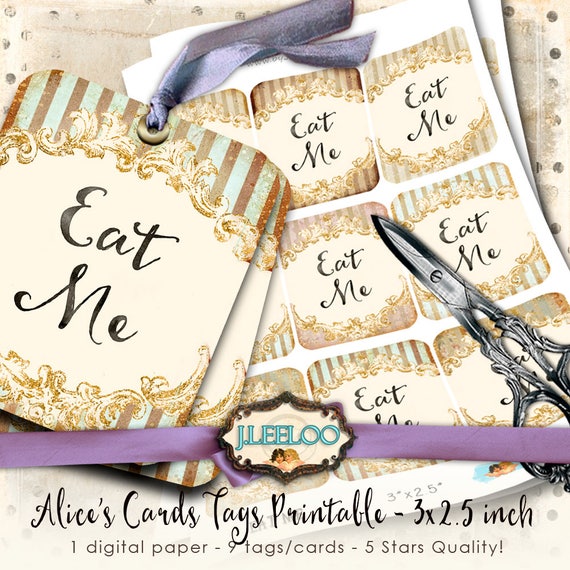 EAT ME Shabby chic Alice in Wonderland hang tags cards printable greeting cards Digital collage sheet vintage instant download tl189