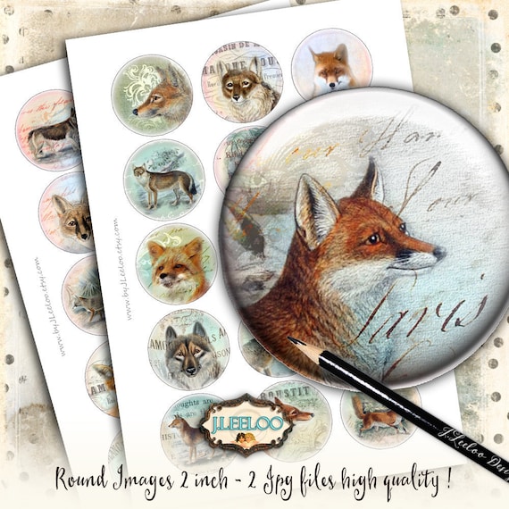 Digital printable FOX AND WOLF 2 inch circle sheets digital images paper goods vintage magnets pendant craft instant download tn528