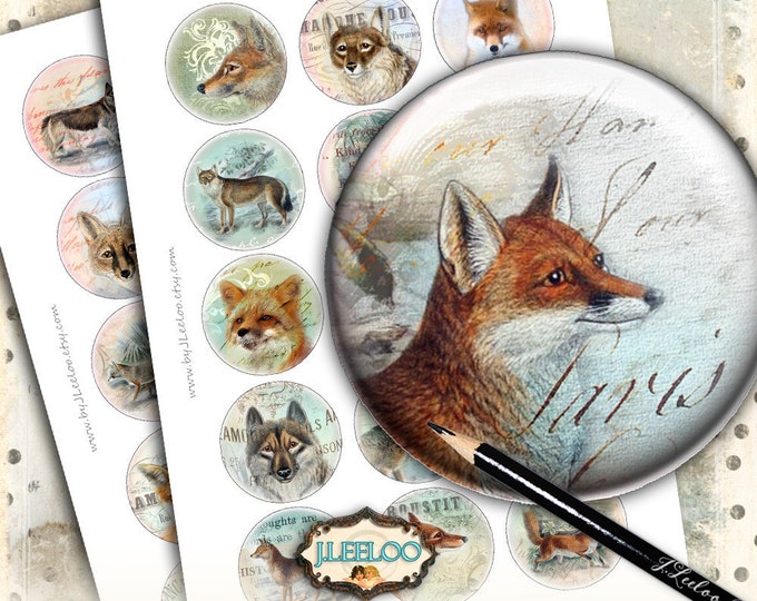 Digital printable FOX AND WOLF 2 inch circle sheets digital images paper goods vintage magnets pendant craft instant download tn528