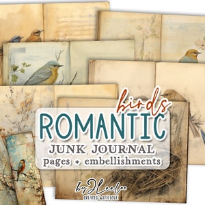 ROMANTIC BIRDS junk journal do druku | tagi na pół strony Materiały do mieszanej techniki | Ptaki rysowane ręcznie, vintage, tworzenie kartek, kolaż, sztuka, dziennik | pp681