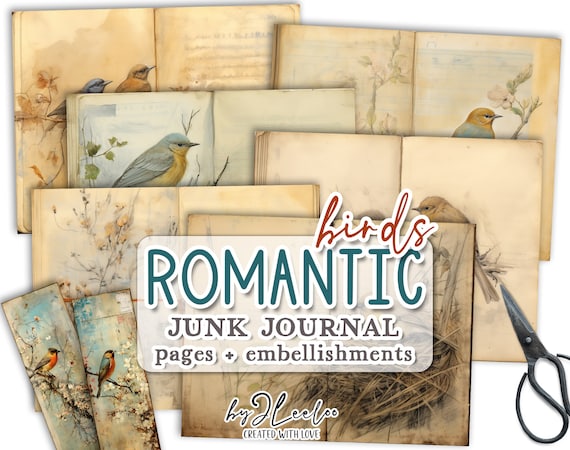 ROMANTIC BIRDS junk journal printable | half pages tag Mixed Media supplies | Birds hand-drawn vintage card making collage art diary | pp681