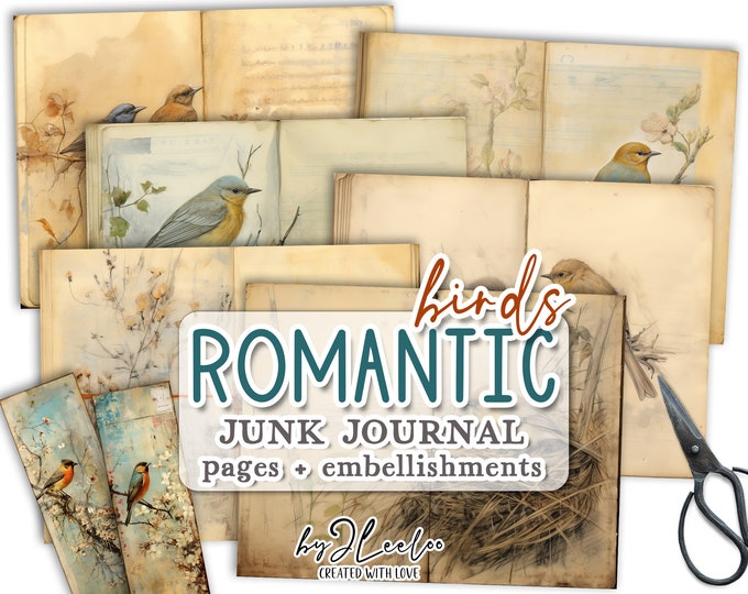 ROMANTIC BIRDS junk journal printable | half pages tag Mixed Media supplies | Birds hand-drawn vintage card making collage art diary | pp681