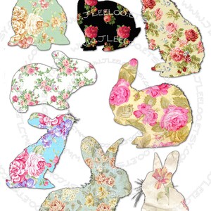 May include: Six different rabbit silhouettes, each filled with a different floral pattern. The patterns feature pink, yellow, and blue roses on a white background.