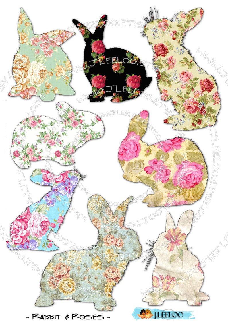 May include: Six different rabbit silhouettes, each filled with a different floral pattern. The patterns feature pink, yellow, and blue roses on a white background.