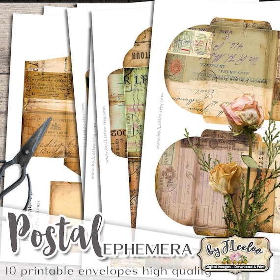 POSTAL ENVELOPES ephemera vintage shabby postcard junk journal diy printable diary collage sheets pp549
