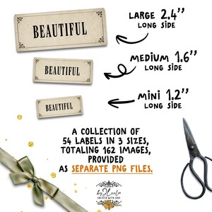 May include: Three rectangular labels with the word "BEAUTIFUL" in a vintage font. The labels are in three sizes: large (2.4 inches), medium (1.6 inches), and mini (1.2 inches). The image also includes text that says "A collection of 54 labels in 3 sizes, totaling 162 images, provided as separate PNG files."