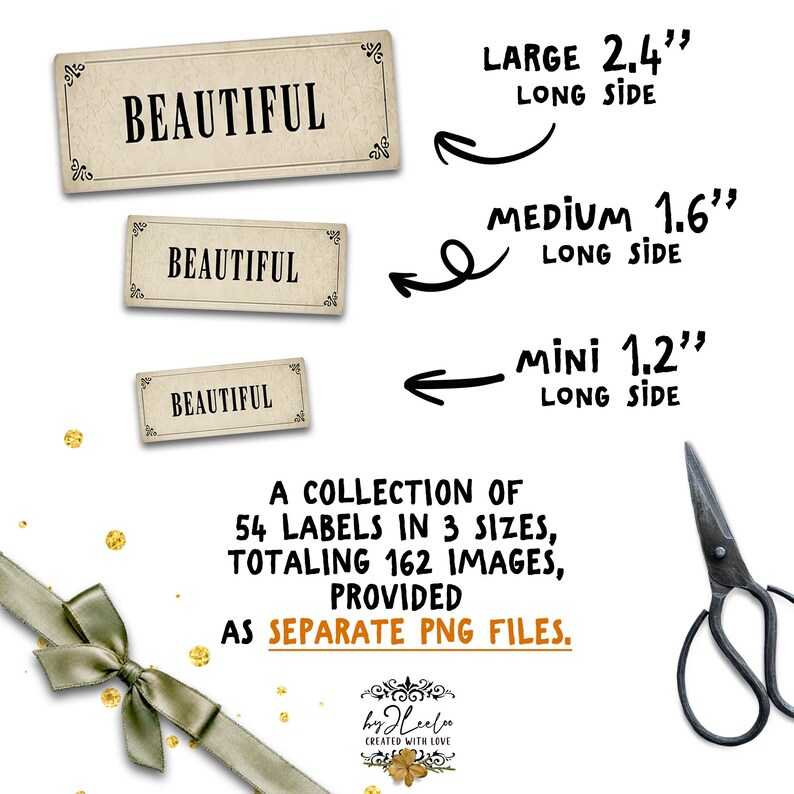 May include: Three rectangular labels with the word "BEAUTIFUL" in a vintage font. The labels are in three sizes: large (2.4 inches), medium (1.6 inches), and mini (1.2 inches). The image also includes text that says "A collection of 54 labels in 3 sizes, totaling 162 images, provided as separate PNG files."