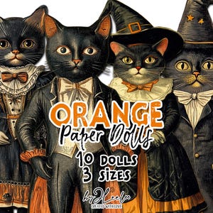POUPÉES EN PAPIER Orange |  Poupée en papier chat d'Halloween à imprimer, décoration victorienne vintage | PNG clipart Journal de marionnettes en papier découpé | cl179
