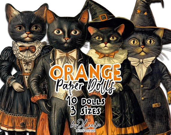 Orange PAPER DOLLS |  Halloween Cat Paper Doll Printable, Vintage Victorian Decoration | PNG clipart Fussy Cut Paper Puppet Journal | cl179