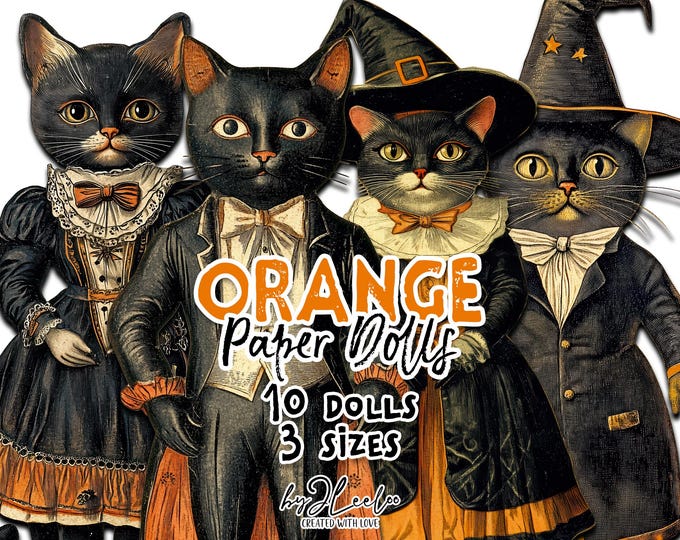Orange PAPER DOLLS |  Halloween Cat Paper Doll Printable, Vintage Victorian Decoration | PNG clipart Fussy Cut Paper Puppet Journal | cl179