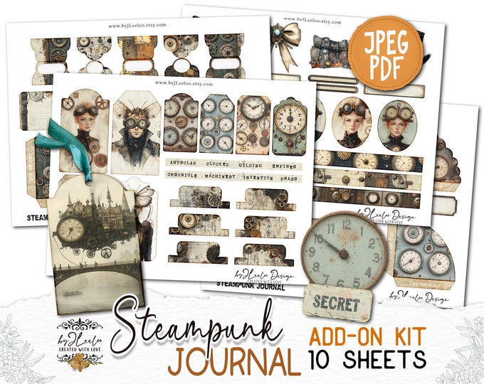 STEAMPUNK JOURNAL Add-On Kit Junk Journal Pages printable | Digiscrap Victorian Mechanical Scrapbook Vintage Fantasy | Fussy cut CU | pp895