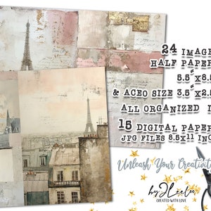 May include: A digital paper pack with 24 images of Parisian scenes, including the Eiffel Tower, in a vintage style. The images are organized into 15 digital papers, each measuring 8.5 by 11 inches. The text "Unleash Your Creativity! by JLeeLoo CREATED WITH LOVE" is at the bottom of the image.