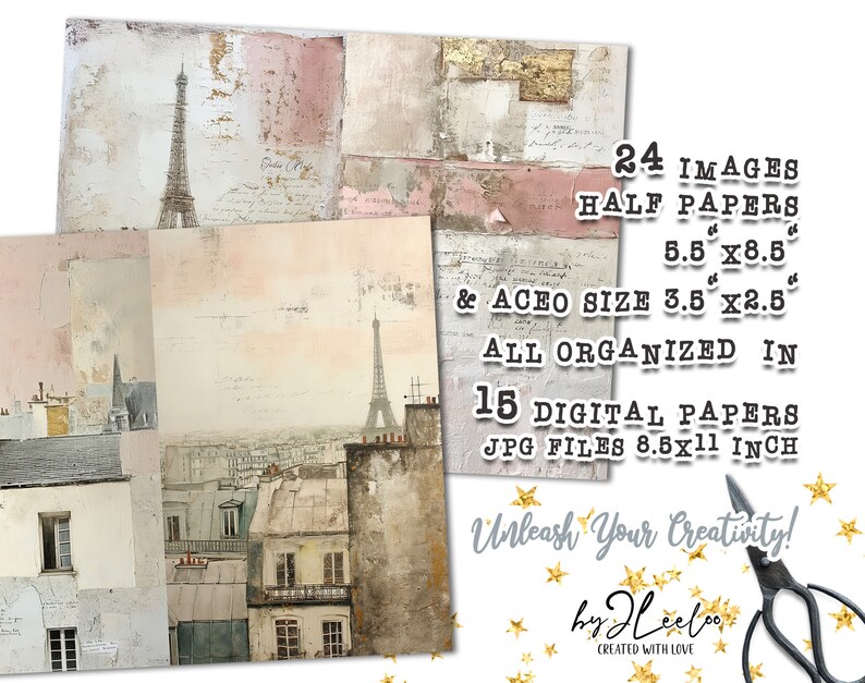 May include: A digital paper pack with 24 images of Parisian scenes, including the Eiffel Tower, in a vintage style. The images are organized into 15 digital papers, each measuring 8.5 by 11 inches. The text "Unleash Your Creativity! by JLeeLoo CREATED WITH LOVE" is at the bottom of the image.