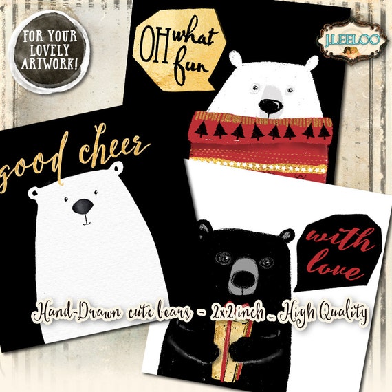 CUTE BEARS  hand painting clipart pet holidays 2x2 inch pendant magnet craft christmas clipart watercolor download printable paper qu492