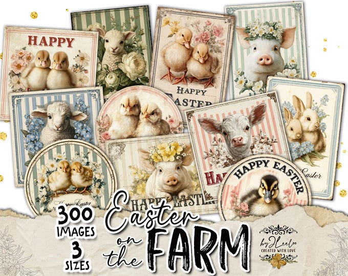 EASTER on the FARM – Happy Easter Farm Animals Printable Tags – Vintage Bunny Chick Lamb Pig Labels – Spring Farmhouse Ephemera | ppK48