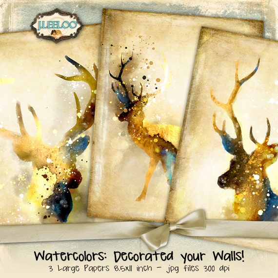 PAPER DEER large 8.5x11 inch watercolors poster decorated walls scrapbooking instant download printable Digital collage sheet pp304