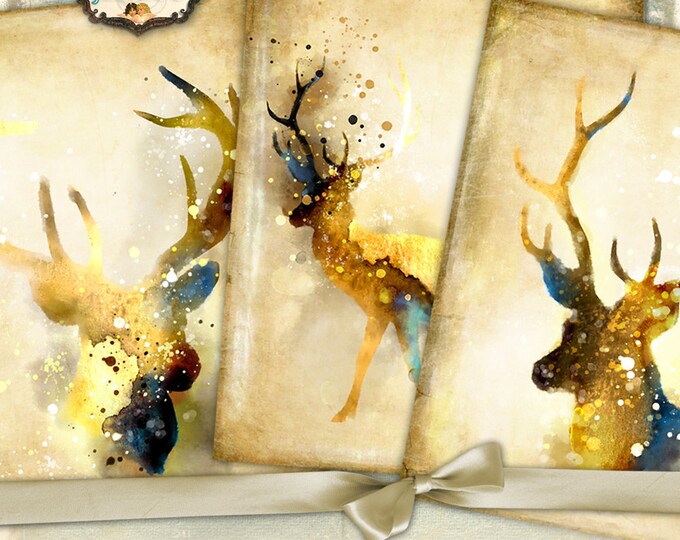 PAPER DEER large 8.5x11 inch watercolors poster decorated walls scrapbooking instant download printable Digital collage sheet pp304