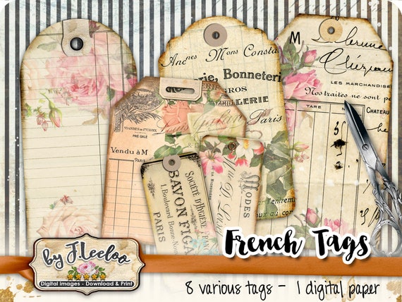 FRENCH TAGS digital shabby chic jewelry holder roses french paper goods for craft art Digital collage instant download printable tl223