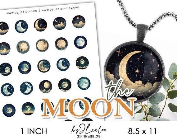 THE MOON 1 inch printable | Celestial supplies round pendants, mystical digital charm, stickers, glass cabochon, cameo, starry night | tn734