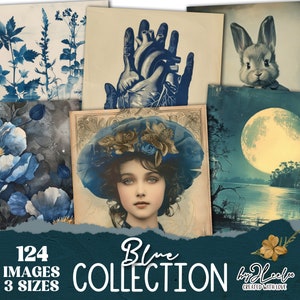 COLLEZIONE BLU 124 illustrazioni in 3 dimensioni nei toni del blu stampabili / tecniche miste creazione di biglietti di auguri collage arte digitale album / cp013