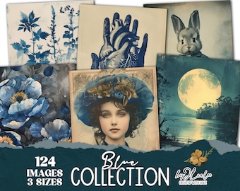 BLUE COLLECTION 124 Blue-Toned 3 Sizes Illustrations Printable | Mixed Media Card Making Junk Journals Collage Digital Art Scrapbook | cp013