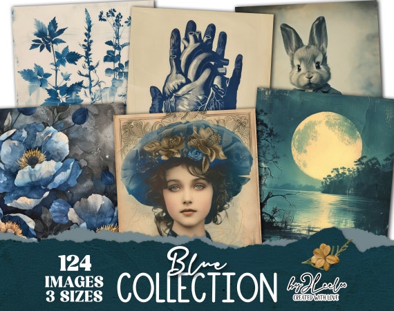 BLUE COLLECTION 124 Blue-Toned 3 Sizes Illustrations Printable | Mixed Media Card Making Junk Journals Collage Digital Art Scrapbook | cp013