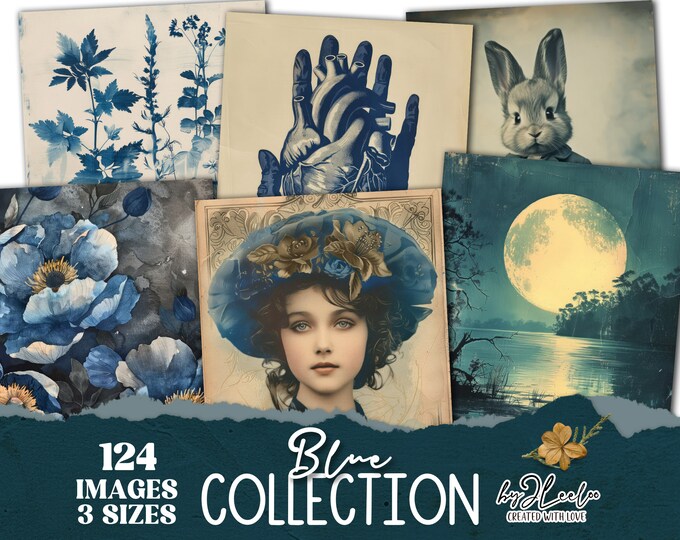 BLUE COLLECTION 124 Blue-Toned 3 Sizes Illustrations Printable | Mixed Media Card Making Junk Journals Collage Digital Art Scrapbook | cp013