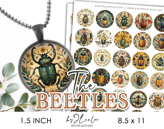 THE BEETLES 1.5 inch printable illustration | supplies round pendants, bezel trays, glass cabochon mountings, cameo settings | tn784
