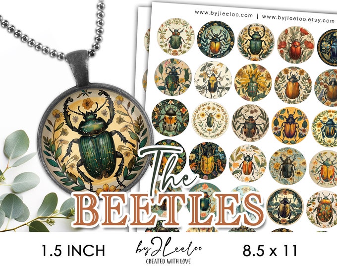 THE BEETLES 1.5 inch printable illustration | supplies round pendants, bezel trays, glass cabochon mountings, cameo settings | tn784