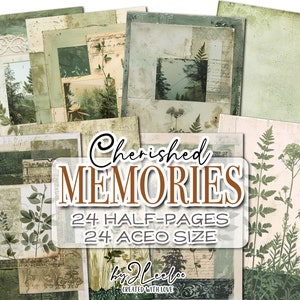 CHERISHED MEMORIES GREEN pół strony botaniczne do druku | Atc Garden junk journal vintage background | Pamiętnik papierowy w stylu kolażu | pp806