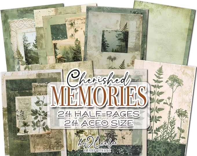 CHERISHED MEMORIES GREEN half pages botanical printable | Atc Garden junk journal vintage background | Collage style paper diary | pp806