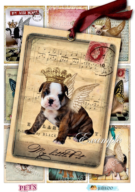 PETS printable atc size Digital collage sheet invitation diary hang cards jewelry holder scrapbook puppies vintage background ac193