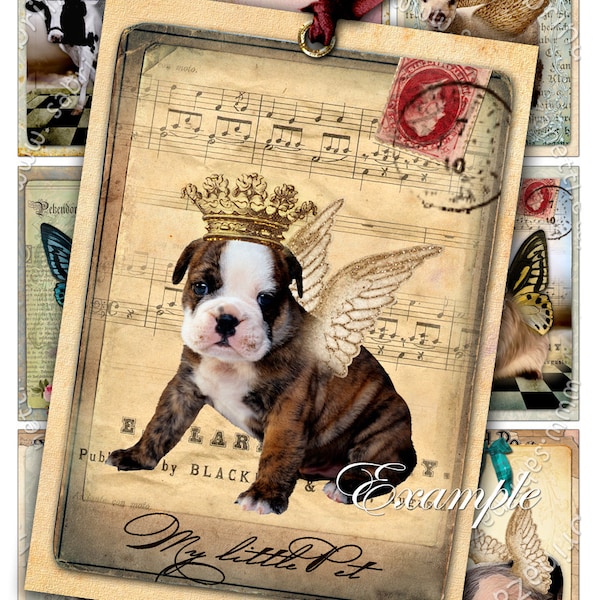 PETS printable atc size Digital collage sheet invitation diary hang cards jewelry holder scrapbook puppies vintage background ac193