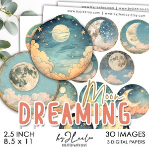 DREAMING MOON 2,5 inch afdrukbare grillige sterillustratie | Mystieke benodigdheden ronde hanger, celestiona cabochon, sticker, magneet | tn731