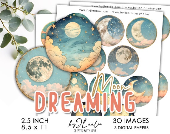 DREAMING MOON 2.5 inch printable whimsical star illustration | Mystical supplies round pendant, celestiona cabochon, sticker, magnet | tn731