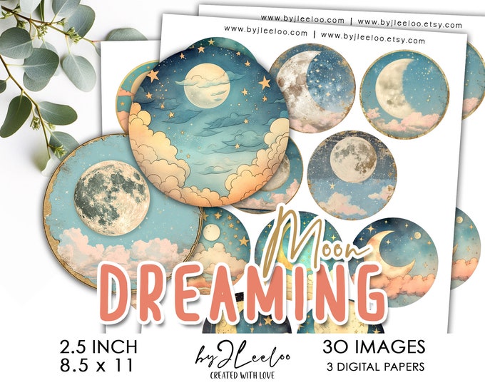 DREAMING MOON 2.5 inch printable whimsical star illustration | Mystical supplies round pendant, celestiona cabochon, sticker, magnet | tn731